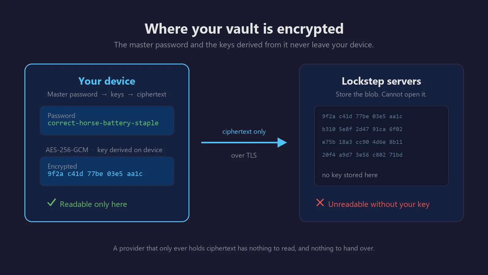 Diagram: a password is encrypted on the device, and only ciphertext reaches the server